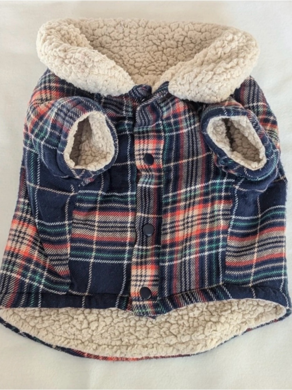 aerie Plaid Sherpa-Lined Dog Coat in Navy, Red, Cream